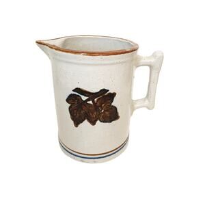 Brown Blue White Stoneware Brush-McCoy Oak Leaf Pitcher 7"
